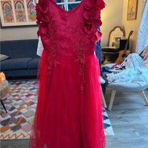 Charming Scarlet Kids Dress with Floral Accents